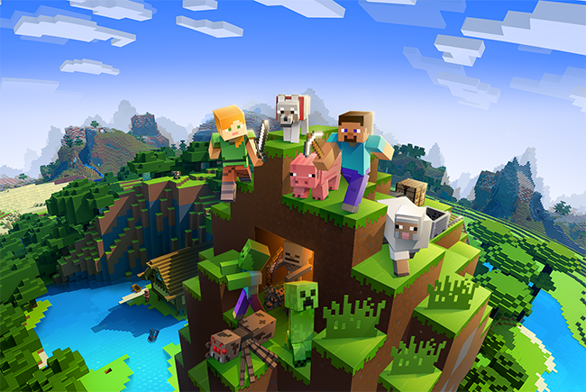 Fem stycken Minecraft-karaktärer syns i ett ölandskap.