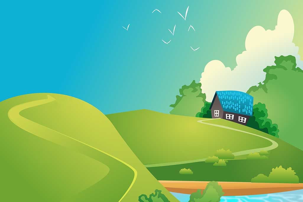 En illustration av ett landskap med mark och ett mindre hus på en kulle. 